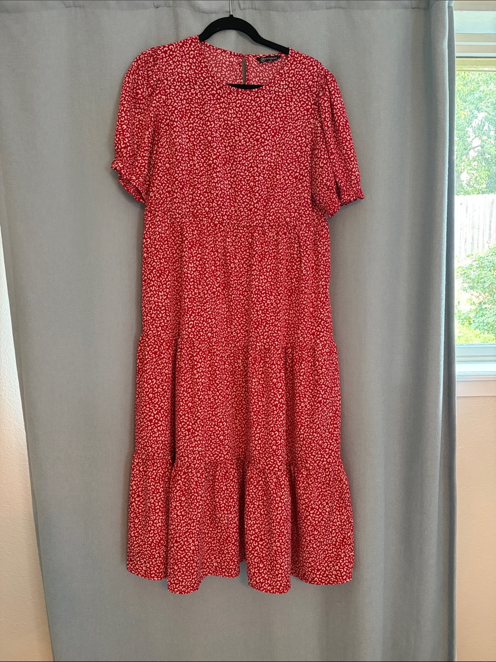 Women's Red Printed Midi Dress with Tiered Skirt